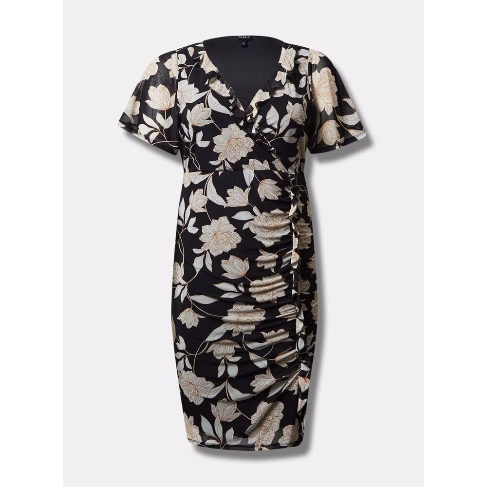 NWT Torrid 2X Black Floral Print Knee Length Mesh Surplice Ruffle Slit Dress - Picture 5 of 8